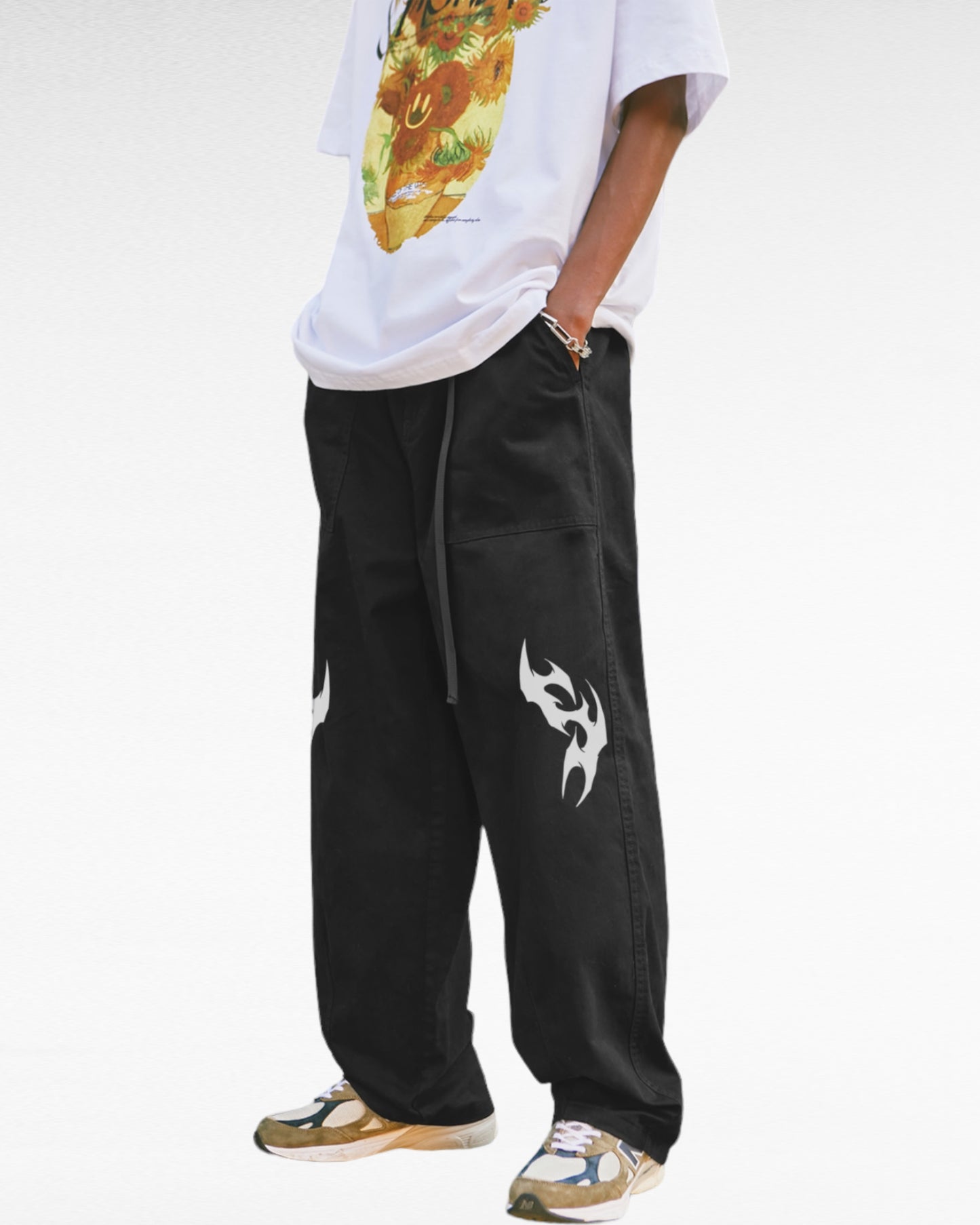 Unisex Solid Color Wide-Legged Neo Tribal Black Pants