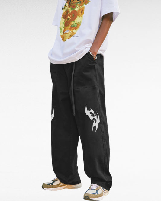 Unisex Solid Color Wide-Legged Neo Tribal Black Pants