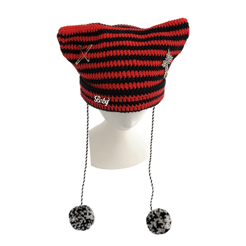 Cat Ears Knitted Beanie with pom-poms