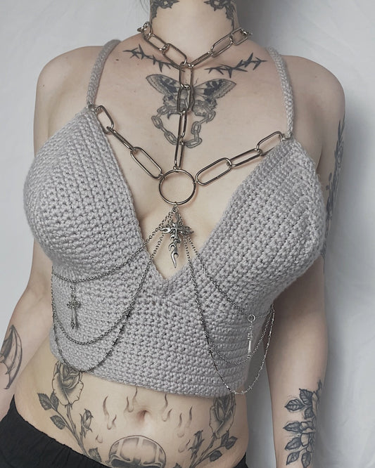 Pink-Grey Crochet Top with Chains