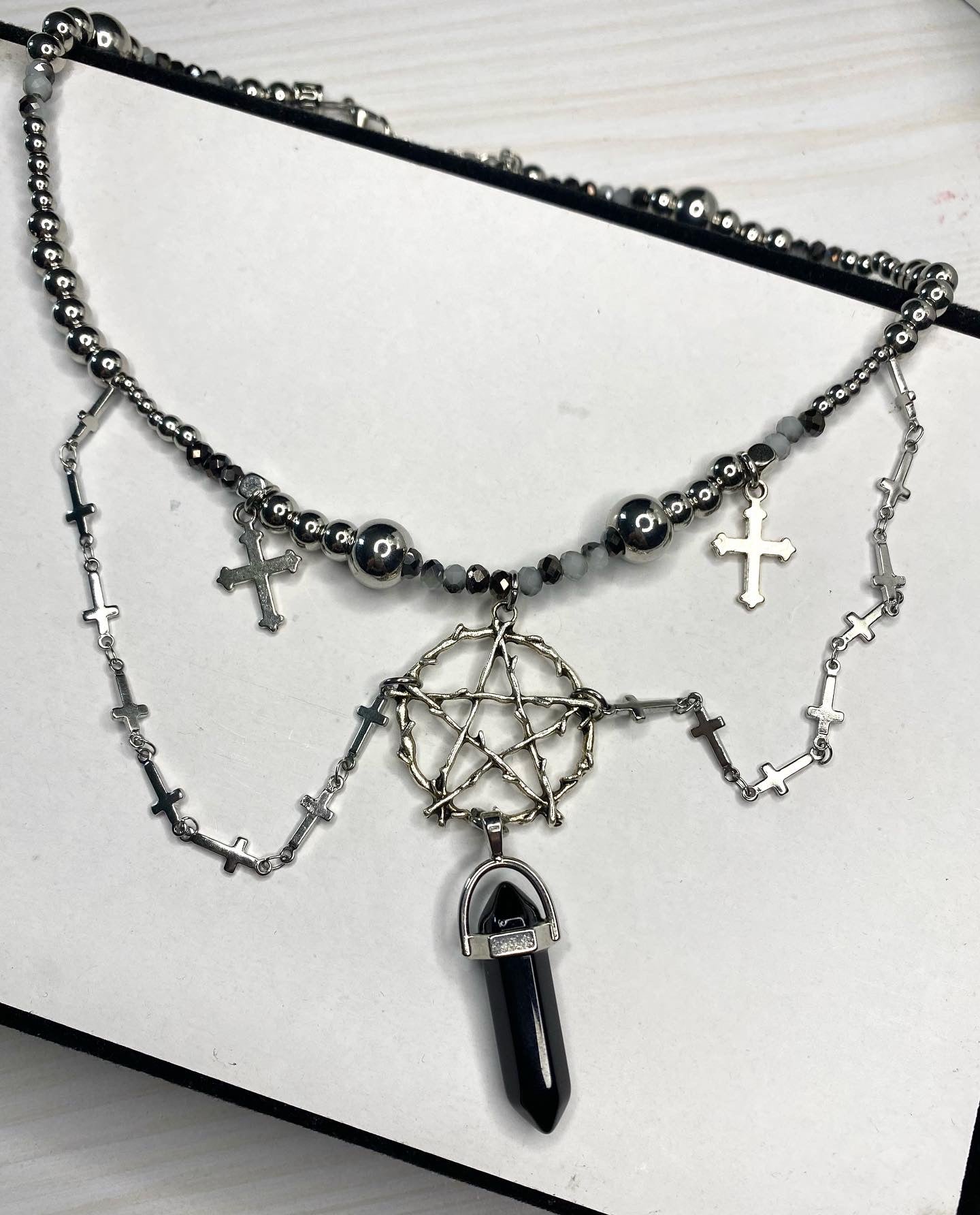 Handmade Black Crystal Pentagram Necklace