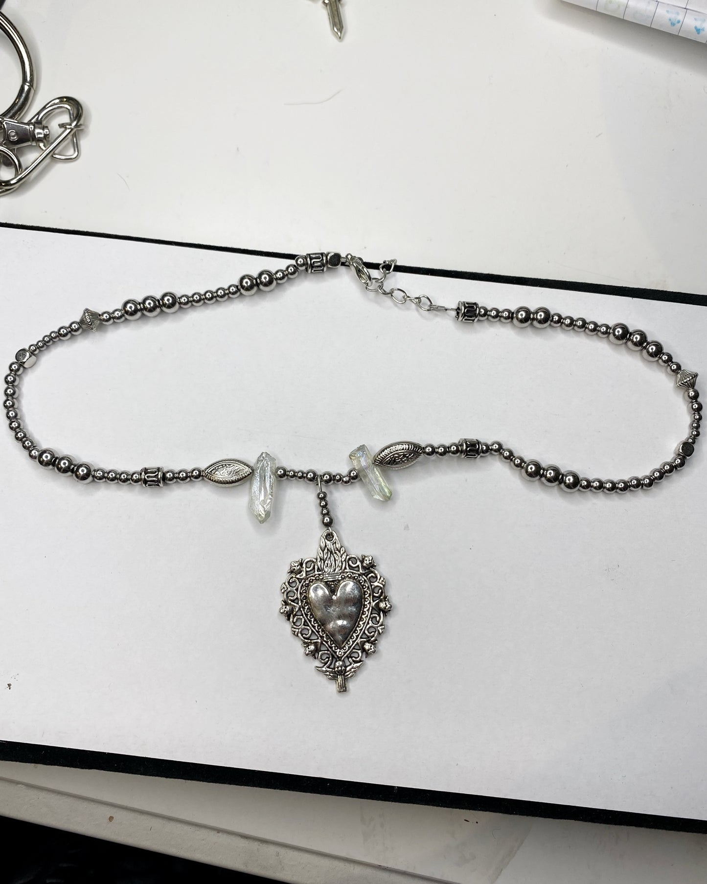 Heart Crystal Silver Pearl Necklace